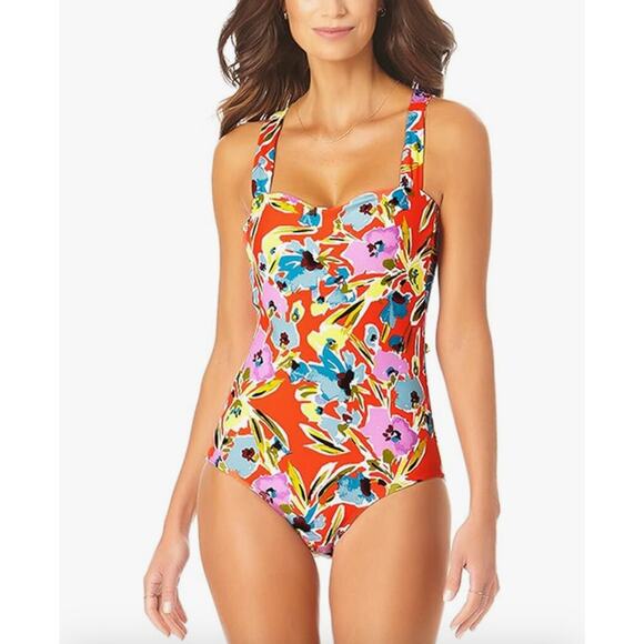 Anne Cole NWT Back Lace-Up Floral Bandeau One-Piece Size 12 - Picture 1 of 9